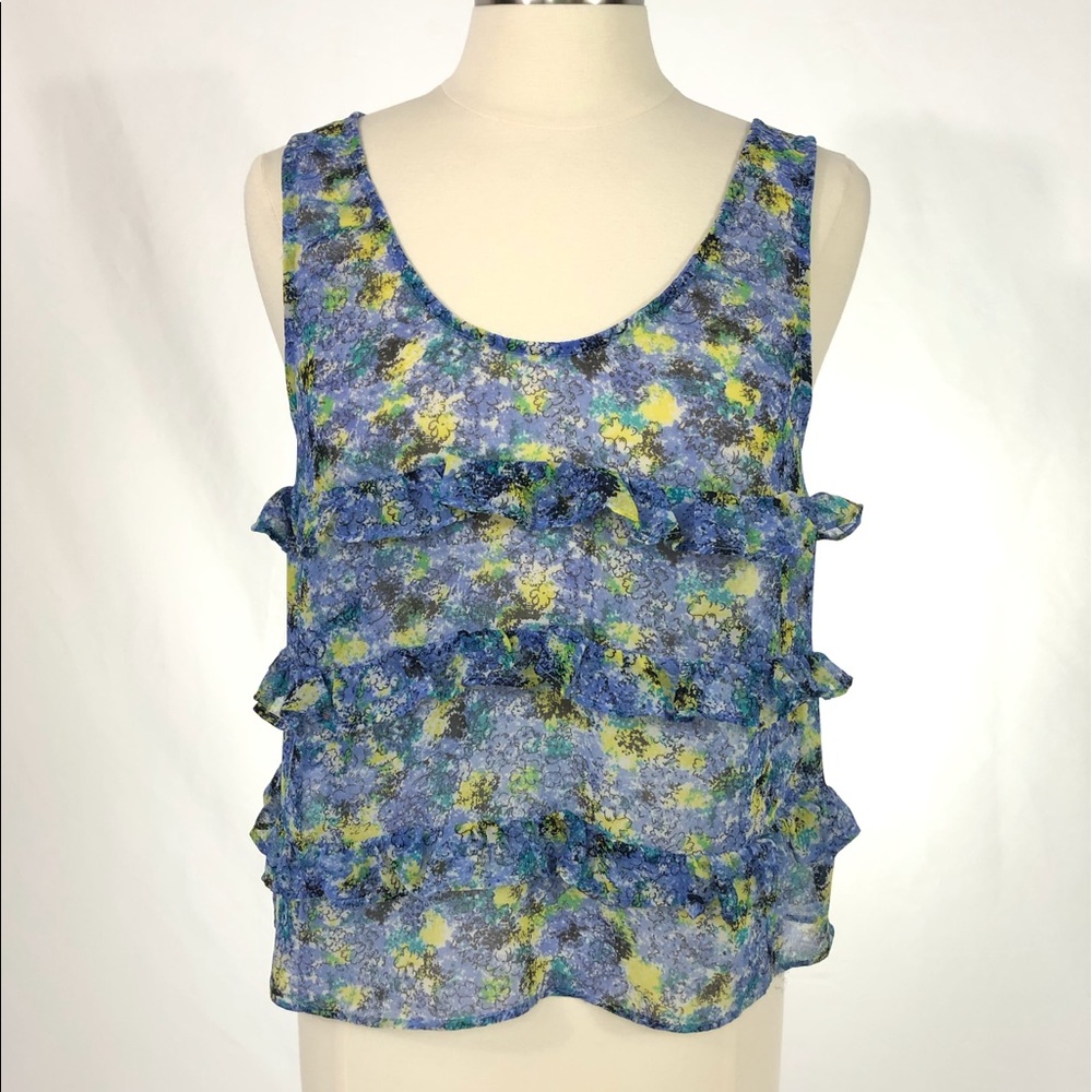 BCBG Periwinkle Multi Floral Semi Sheer Top SzM